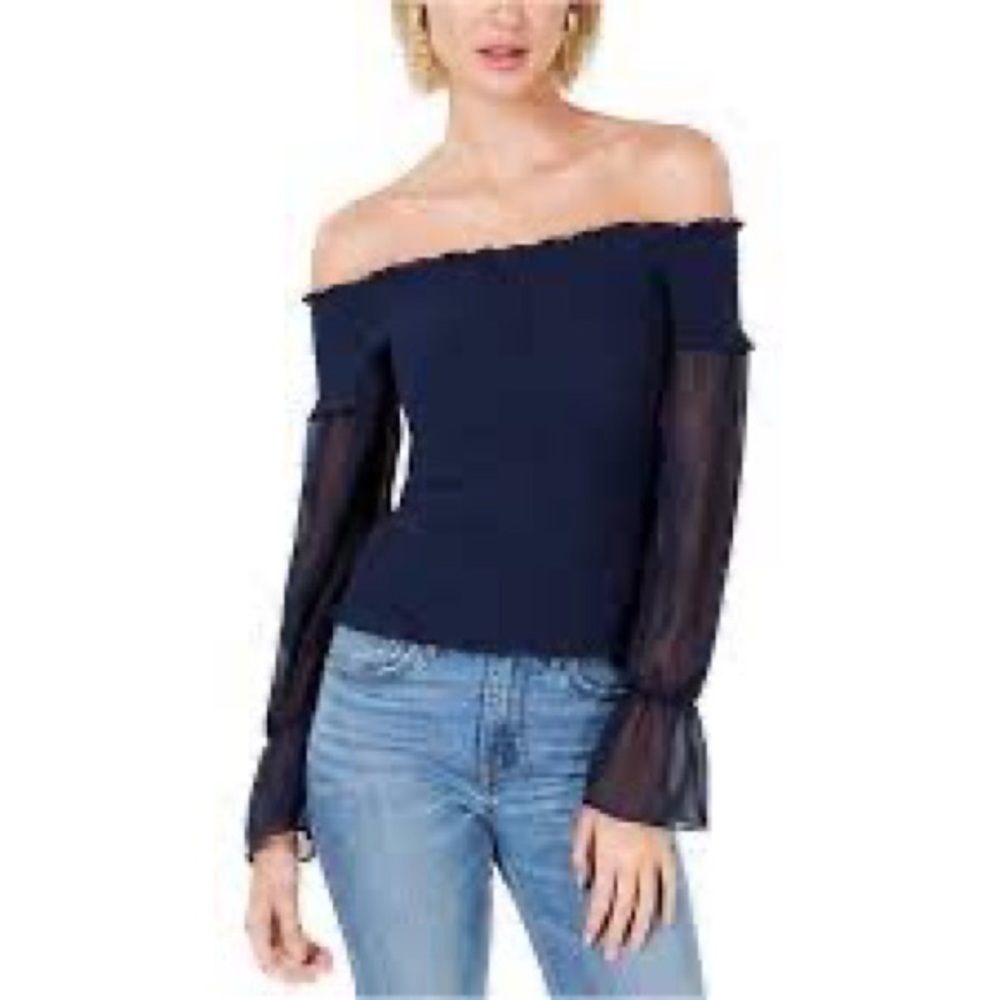 8. NWT Ribbed Navy Blouse with Sheer Long Sleeve